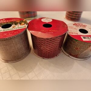 Holiday Red/Beige Wired Ribbon, set of 3 rolls.